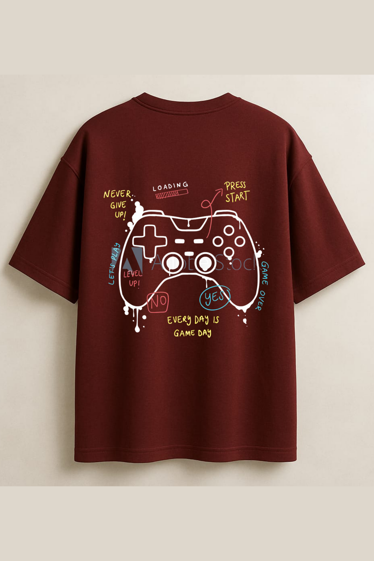 Level Up! Maroon Gamer Controller T-Shirt – Oversized Tee for Game Lovers